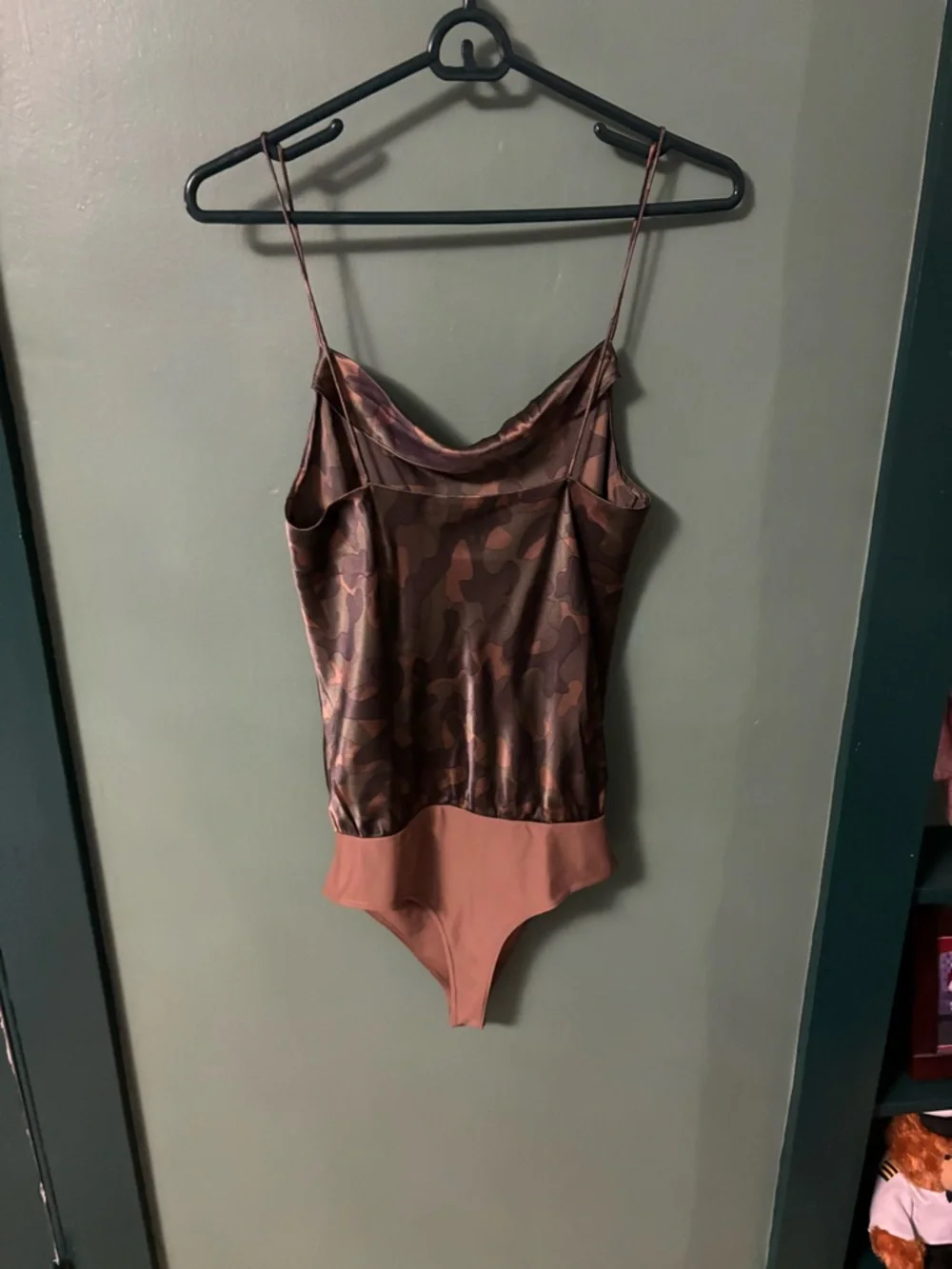 Cami NYC Camo Satin Cowl Neck Bodysuit in Brown and Pink - Picture 6 of 6